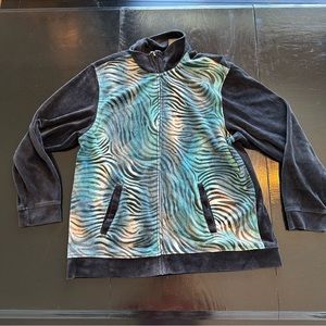 Retro Jane Ashley XL Animal Print Zip Up Sweater Top Blue Tiger Velvet